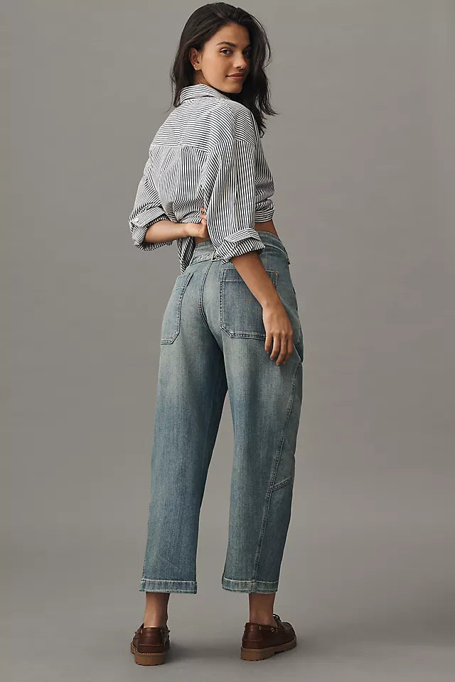 The Arin Mid-Rise Button-Front Barrel Pant by Pilcro