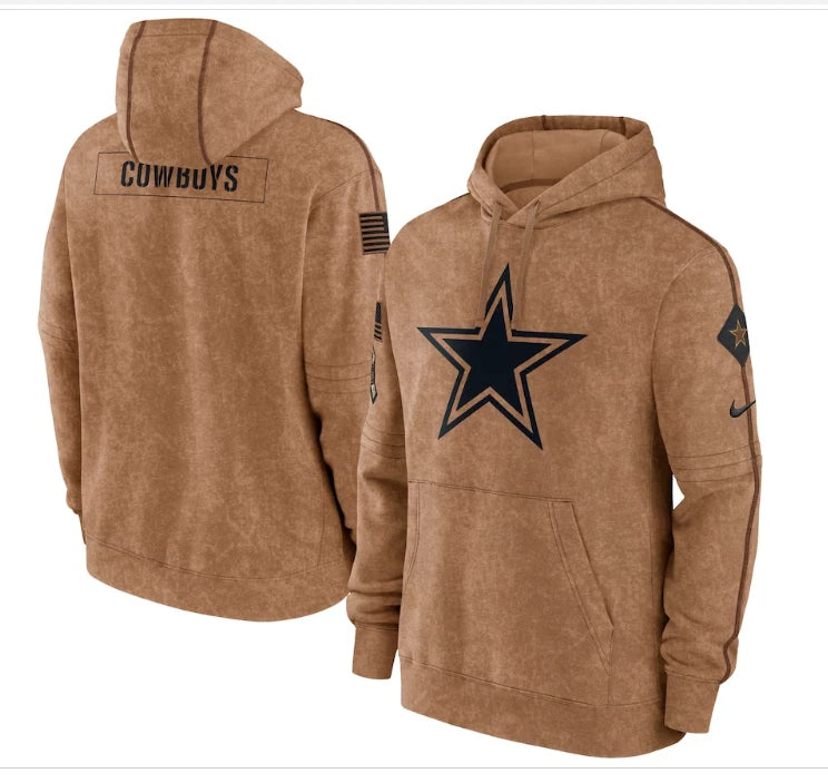 Dallas Cowboys Nike Men's 2023 Sideline Salute to Service Pullover Hoodie- Brown